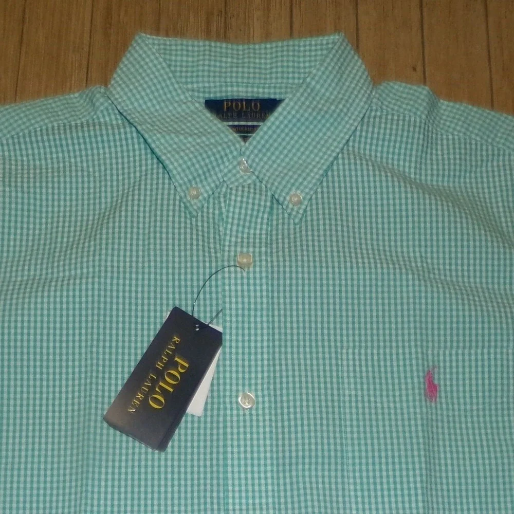 Polo Ralph Lauren Mens SZ LRG Gingham S/S Button Up Shirt Green Pink Pony